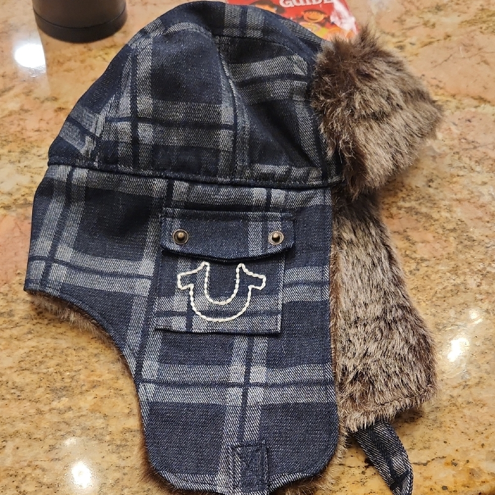 True Religion Blue Plaid Trapper Hat